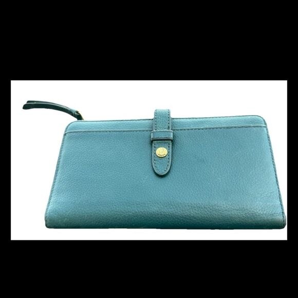 Fossil Teal Green Pebbled Leather Zip Around Credit Card Wallet Wristlet Clutch - Picture 1 of 7